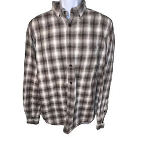 Old ranch,M Western Gray flannel plaid check long sleeve button-down shirt‎ ￼